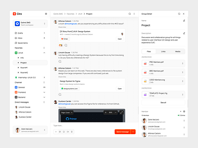 Ciro - Team Communication Platform chat chatting collabroration communication design discuss group chat messaging app minimalist networking platform project management team communication teamworks ui user friendly ux website works workspace