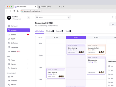 HR Management - Schedule animation barly calendly clean dashboard design meeting motion motion graphics saas schedule ui uidesign ux uxdesign uxerflow web web app web design website