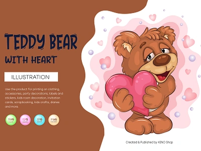 Cute Teddy Bear with Heart. adorable animal art bear cartoon character clip art comic design heart illustration mascot t shirt teddy valentines day vector