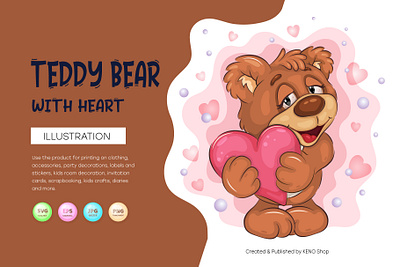 Cute Teddy Bear with Heart. adorable animal art bear cartoon character clip art comic design heart illustration mascot t shirt teddy valentines day vector