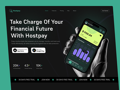 Hostpay - Landing Page for a Financial App bank app clean design concept design finance finance landing page financial financial landing page fintech landing page management mobile banking modern design payment service saas ui design uibulbul uiux design web design website design