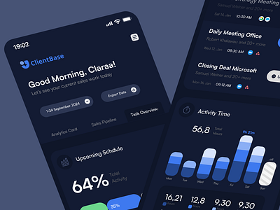 ClientBase Dark Mobile Version📱 app application apps blue branding chart clean client client base dark dark mode diagram flat icon logo mobile design saas sales simple ui