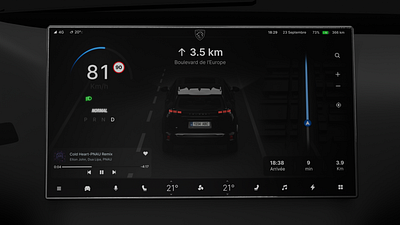Automotive interface Peugeot 3d animation automotive car cockpit dark interface dark ui darkui design electric graphic design icons ipad map navigation peugeot road speed ui ux