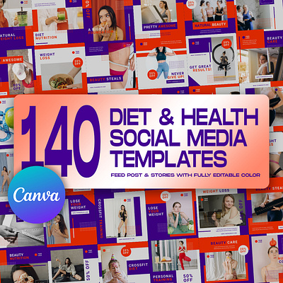 140 Diet & Health Social Media Canva Templates canva template diet graphic design health instagram feed instagram post template instagram stories template nutrition social media banner social media kit social media pack social media templates