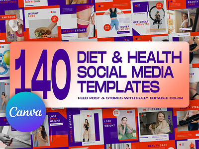 140 Diet & Health Social Media Canva Templates canva template diet graphic design health instagram feed instagram post template instagram stories template nutrition social media banner social media kit social media pack social media templates