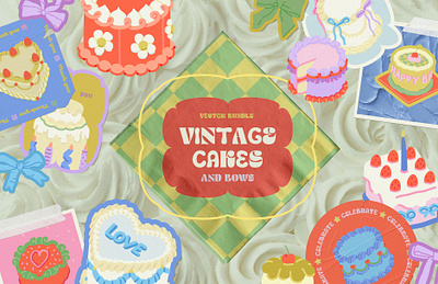 Vintage cakes, bows and patterns bakery bow cake food glazing graphic design icons illustration retro sugar sweets vector vintage