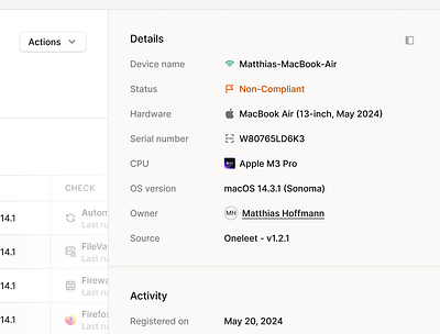 Device Management - Device Details Side Panel device management figma light mode list macbook minimal panel product design saas side pane sidebar table ui web