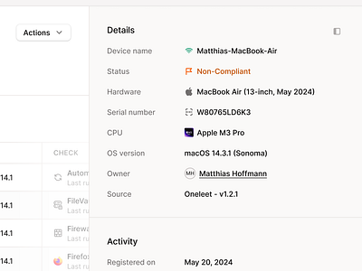 Device Management - Device Details Side Panel device management figma light mode list macbook minimal panel product design saas side pane sidebar table ui web