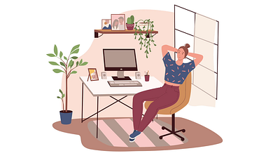 Home Workplace 2D Animation 2d animation comfort computer desk creative workspace flat freelance freelance work freelancer home office home workplace illustration motion office furniture plants remote work woman work from home workspace