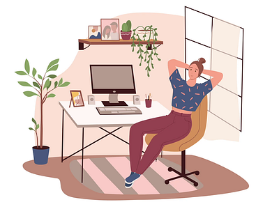 Home Workplace 2D Animation 2d animation comfort computer desk creative workspace flat freelance freelance work freelancer home office home workplace illustration motion office furniture plants remote work woman work from home workspace