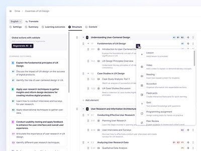 Course Editor accordion ai app button course creator design drag dropdown editor element flashcards header input lesson quiz select side panel tabs ui