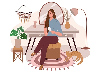 Making hair 2D Animation 2d animation beauty routine beauty setup brush hair flat hair brushing hair care hairstyle illustration interior living room making hair morning routine motion self care vanity table woman