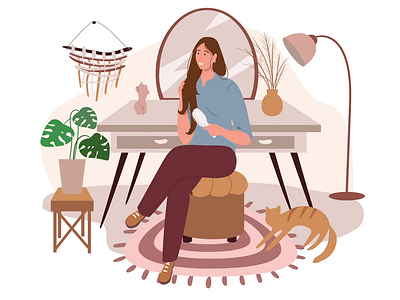 Making hair 2D Animation 2d animation beauty routine beauty setup brush hair flat hair brushing hair care hairstyle illustration interior living room making hair morning routine motion self care vanity table woman