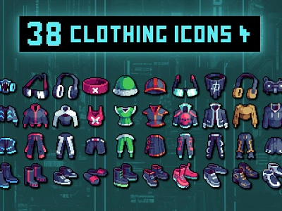 Clothing Pixel Icons for Cyberpunk Game 2d 32x32 art asset assets clothes cyberpunk game game assets gamedev icon icons illustration indie indie game pixel pixelart pixelated set ui