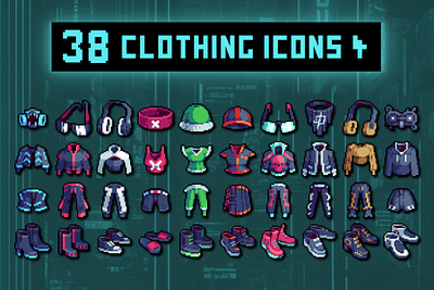 Clothing Pixel Icons for Cyberpunk Game 2d 32x32 art asset assets clothes cyberpunk game game assets gamedev icon icons illustration indie indie game pixel pixelart pixelated set ui