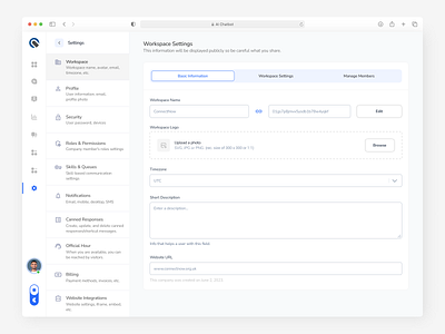 AI Chatbot - Workspace Settings Interface ai chat ai chatbot chat chatbot clean company admin customer service issues minimal product design saas settings settings interface ui uiux web web application