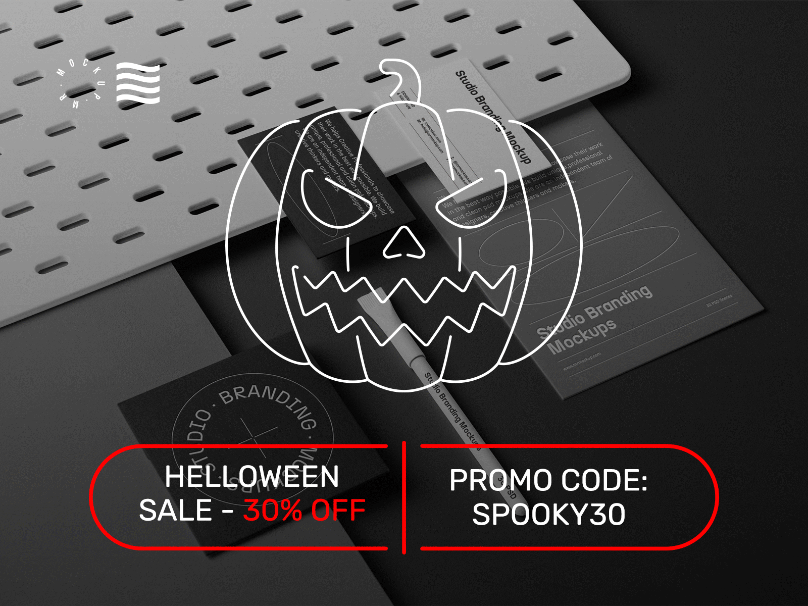 Halloween 🎃 Promo Code! billboard branding business card corporate design download halloween identity logo mockup outdoor apparel promo psd sale scene stationery studio sunlight template typography