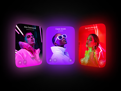 Dating App Cards Neon UI app ui branding cards cards ui dark theme dating dating app design glow midjourney neon photo purple red ui