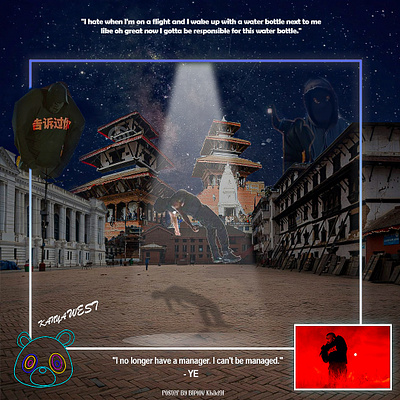 Kanye West T-shirt Design with Nepal-Inspired Theme fashionandculture graphic design graphictshirt kanya west poster kathmandustyle musicfashion nepal nepalart photoshopart poster streetweardesign tshirtmockup wall poster