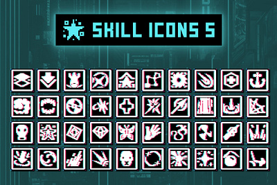 40 Skill Icons for Cyberpunk Pixel Game 2d art asset assets cyberpunk game game assets gamedev icon icons illustration indie indie game pixel pixelart pixelated rpg skill skills ui