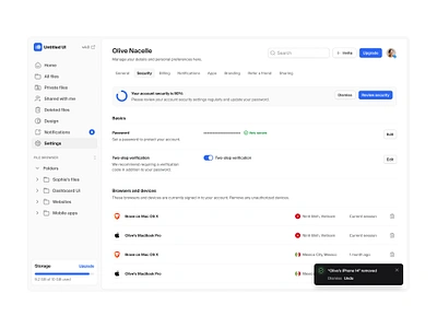 Security settings — Untitled UI access log alert design design system figma figma design system figma ui kit notification preferences product design security settings settings settings page table toast ui ui design ui kit ui library user interface