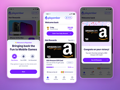 Play and Earn Game Reward App achievement amazon awards claim coin daily draw earn gift card io app mobile app onboarding playember points progress streak ui card victory voucher winning