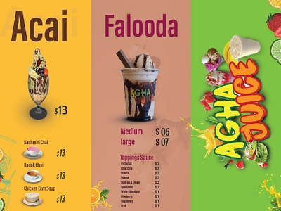 Agha Juice - Vibrant Menu Design for a Modern Juice Bar acai bowl menu beverage menu colorful menu design falooda design food and beverage branding. graphic design juice bar menu milkshake menu vibrant menu layout