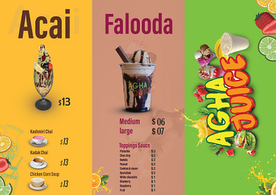 Agha Juice - Vibrant Menu Design for a Modern Juice Bar acai bowl menu beverage menu colorful menu design falooda design food and beverage branding. graphic design juice bar menu milkshake menu vibrant menu layout