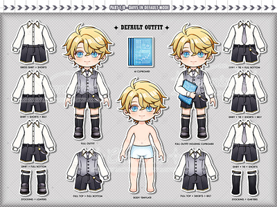 Outfit Splitting Artwork | Davis in Default mode artemwing charactersheet chibi commissionart davis digitalart dollclothes doodle fanart fashion fashiondesign lukepearce mariusvonhagen mihoyo mobilegame outfitdesign paperdoll stickers tearsofthemis vynrichter