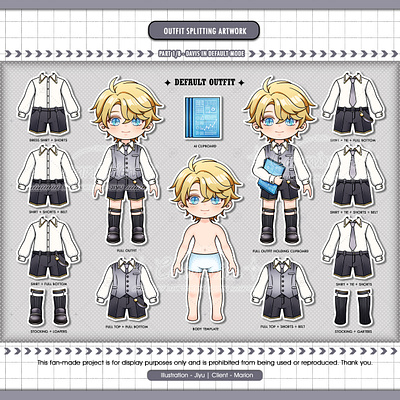 Outfit Splitting Artwork | Davis in Default mode artemwing charactersheet chibi commissionart davis digitalart dollclothes doodle fanart fashion fashiondesign lukepearce mariusvonhagen mihoyo mobilegame outfitdesign paperdoll stickers tearsofthemis vynrichter