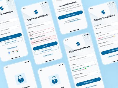 swiftbank: AI Digital Banking & Payments App - Sign In/Sign Up banking app banking ui kit blue clean dark blue finance app login screen login ui minimal modern register screen register ui sign in sign in screen sign in ui sign up sign up screen sign up ui simple soft