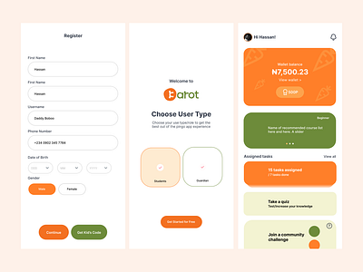 karot Sign up Mobile Screen branding green mobile orange product design sign up ui ux