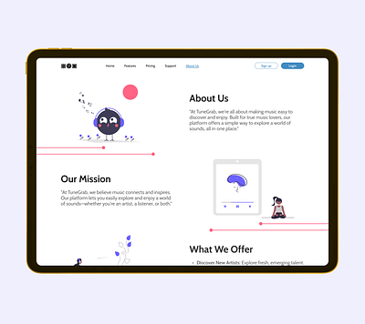 Daily UI Challenge # 49 - About Us Screen about us android connect contact us daily challenge daily ui daily ui challenge 49 design dribbble explore figma figma design illustration iphone mission music offer sounds ui uiux