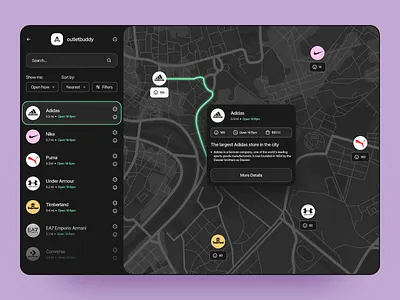 OutletBuddy: Interactive Map for Nearby Store Searches design graphic design interactive maps landing page location map direction map location maps motion graphics online maps product public transportation startup ui ux webdesign website