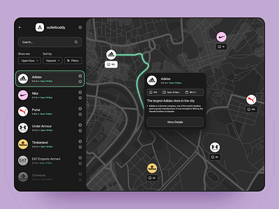 OutletBuddy: Interactive Map for Nearby Store Searches design graphic design interactive maps landing page location map direction map location maps motion graphics online maps product public transportation startup ui ux webdesign website