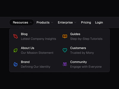 Dark Header Dropdown 🖊️ design dropdown header list menu minimal saas ui web design
