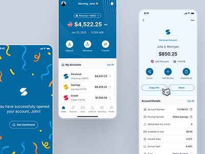 swiftbank: AI Digital Banking & Payment App - Account Dashboard account dashboard bank account ui banking app banking dashboard banking ui kit blue clean dark blue digital banking app digital banking ui finance app finance ui finance ui kit home screen minimal mobile banking app modern payment app payment ui soft