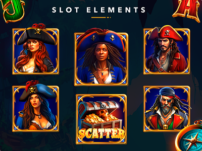 Sea pirates 2d art animation casino game character design chest of gold compass gambling graphic design i gaming illustrations pirates sea pirates slot elements slot game treasures ui ui ux game