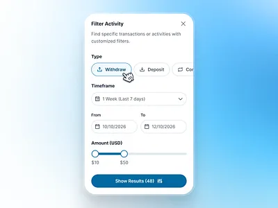 swiftbank: AI Digital Banking & Payment App - Activity Filter UI activity filter ai banking app banking app banking assistant banking ui kit blue clean dark blue digital banking app digital banking ui filter transaction filter ui finance app finance ui kit minimal mobile banking app modern payment app payment ui soft
