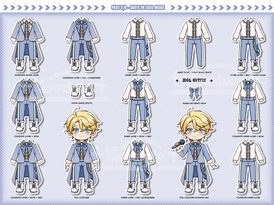 Outfit Splitting Artwork | Davis in Idol mode artemwing charactersheet chibi commissionart digitalart dollclothes doodle fanart fashiondesign idol illustration lukepearce mariusvonhagen mihoyo mobilegame nendoroid paperdoll stickers tearsofthemis vynrichter