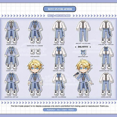 Outfit Splitting Artwork | Davis in Idol mode artemwing charactersheet chibi commissionart digitalart dollclothes doodle fanart fashiondesign idol illustration lukepearce mariusvonhagen mihoyo mobilegame nendoroid paperdoll stickers tearsofthemis vynrichter