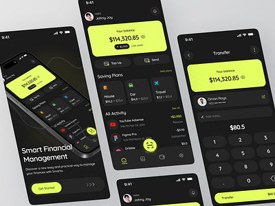 Smarta - Finance Mobile App app application bank banking banking app black clean design finance fintech mobile mobile app money transfer payment transaction transfer ui ux wallet yellow app