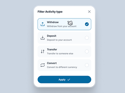 swiftbank: AI Digital Banking & Payment App - Filter Activity UI ai banking app banking app banking assistant banking ui kit blue clean dark blue digital banking app digital banking ui filter activity filter transaction filter ui finance app finance ui kit minimal mobile banking app modern payment app payment ui soft