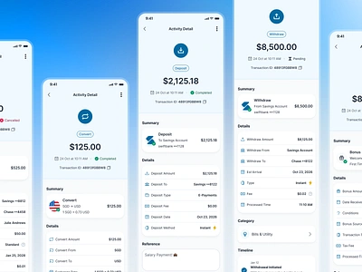 swiftbank: AI Digital Banking & Payment App - Transactions UI ai banking app banking app banking assistant banking ui kit blue clean dark blue digital banking app digital banking ui finance app finance ui kit minimal mobile banking app modern payment app payment ui soft transaction details transaction history transaction ui