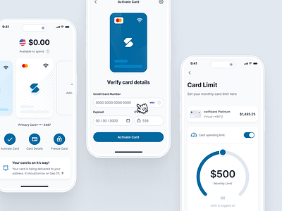 swiftbank: AI Digital Banking App - Digital Card/Wallet Limit ai banking app banking app banking assistant banking card banking ui kit blue clean dark blue digital banking app digital banking ui digital card digital wallet ui finance app finance ui kit minimal mobile banking app modern payment app payment ui soft