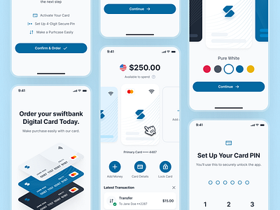 swiftbank: AI Digital Banking Payment App - Digital Card/Wallet ai banking app banking app banking assistant banking card banking ui kit blue clean dark blue digital banking app digital banking ui digital card digital wallet finance app finance ui kit minimal mobile banking app modern payment app payment ui soft