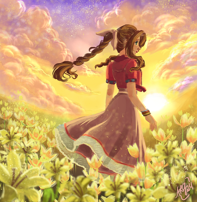 Alone again - fanart de Aerith de Final Fantasy VII anime digi digitalart fanart fantasy game illustration