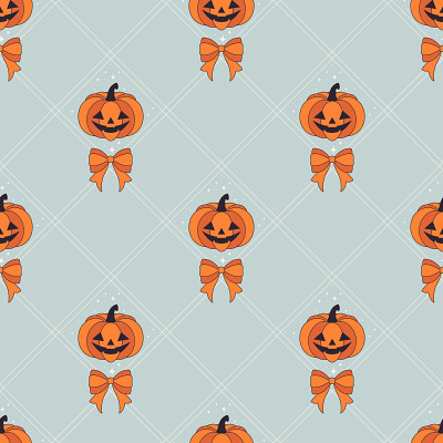 Halloween Decorative background bow carved pumpkin creepy cute fear halloween horror jack o lantern night pumpkin pumpkin spice ribbon scary seamless pattern spooky stars surface pattern trick or treat vector seamless patter wrapping paper