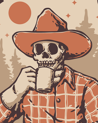 Vintage Cowboy Skull Enjoying Coffee branding design graphic design illustration logo mountain nature ui ux vector