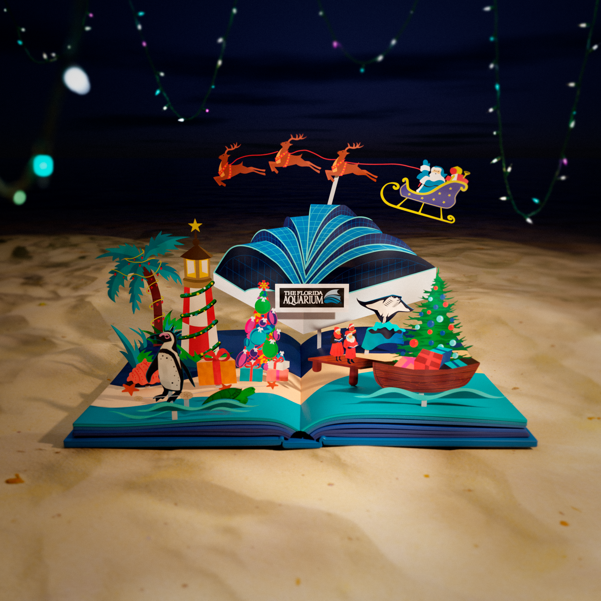 Florida Aquarium | 3D Pop-Up Book Animation 3d after effects animation beach blender book brand design christmas design marketing pop up book product render santa claus visualization
